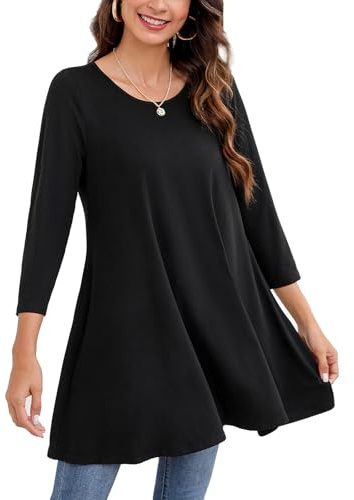 Enmain Schwarz Damen Tunika Top für Damen Dreivierte Langarm Blusen Tuniken Longline Bluse Longshirt Casual Rundhals Swing Tunika Tops XXL