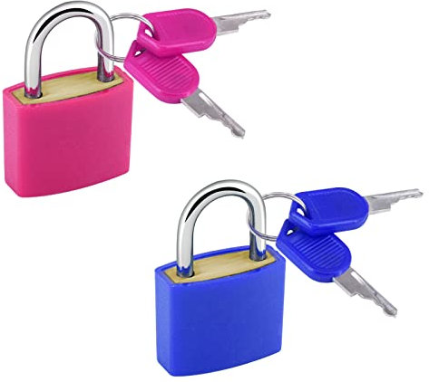 2 lucchetti per valigie con chiavi, 23 mm, colorati, per valigie, mini lucchetti con chiave, piccoli lucchetti per valigie, bagagli, palestra, armadietti, zaini, scuola (rosa rosso e blu)