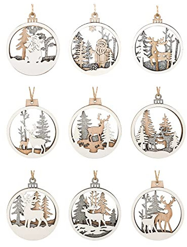 Savita 9 Uds. Colgantes de Árbol de Navidad de Madera, Adornos Navideños Redondos con Alces Papá Noel Muñeco de Nieve Decoraciones Huecas para Vacaciones