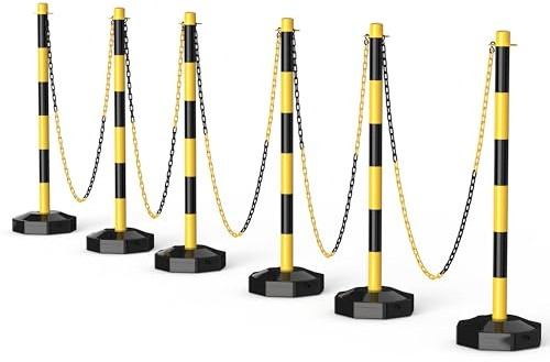 SIMAZO 6 Pack Traffic Delineator Post Cones with Fillable Base, Adjustable Plastic Safety Barrier with 5Ft Plastic Chain, Outdoor and Indoor Crowd Control Stanchion for Traffic Control and Warning