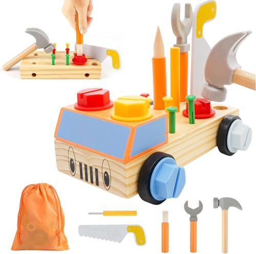 Cassetta Attrezzi Bambini, 29 Pezzi Attrezzi in Legno Montessori Giochi, Banco da Lavoro per Bambini, Giochi Legno Montessori, Regalo di Natale Ragazzo Bimbo 2 3 4 5 Anni