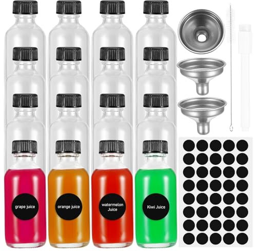 bayidun 12 Pack 60ml Mini Glass Bottles with Lids, Small Fillable Glass Containers, Flasks with Funnel, Labels & Pen for Ginger Shots, Whisky, Water, Milk, Smoothies