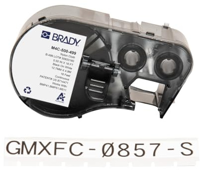 Brady Nylongewebe-Etikettenband für Etikettendrucker BMP41/BMP51/BMP53/M511 - Selbstklebendes Nylon Beschriftungsband - Wasserfeste Druckeretiketten - Schwarz auf Weiß (12.70mm x 4.88m) - M4C-500-499