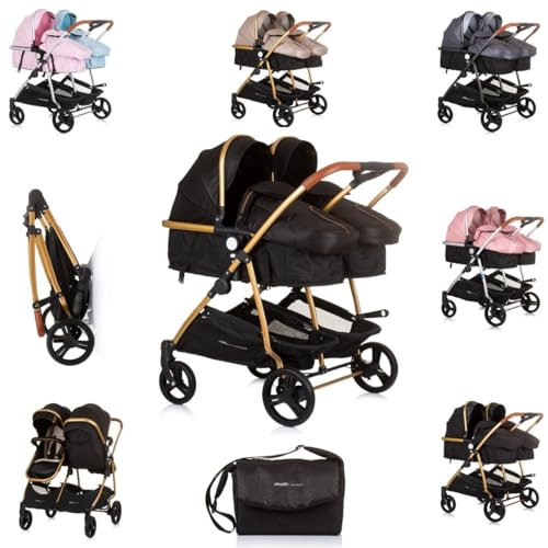 Chipolino Geschwisterkinderwagen Duo Smart klappbar umbaubar verstellbar Fußsack, Farbe:schwarz