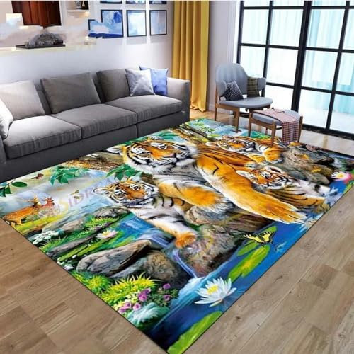 Kind Teppich 160 X 230 cm, Schlafzimmer Teppich, 3D Teppiche Wohnzimmer Teppiche Weich rutschfest Teppich Für Wohnzimmer Schlafzimmer Bettvorleger Tiger-Dschungel-Tierwelt -7V9T6O9F4J0