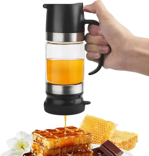 Ayolofei 300ML Honey Dispenser No Drip mit Griff, Glas-Honigspender No Drip, Honey Dispenser Pot mit Stand, yrup Dispenser für Kaffee oder Tee, Ideal für Honig und Ahornsirup (Black)