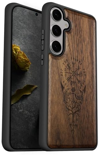 Carveit Coque pour Samsung S25 Étui [Pare-Chocs en TPU Souple] Coque de Téléphone Antichoc Compatible avec Galaxy S25 Etui Bois (Noyer-Viking Compas)