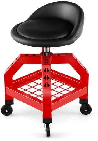 GOPLUS Werkstatthocker auf Rollen, höhenverstellbarer & drehbarer Rollsitz mit Werkzeugablage & 150kg Tragkraft, robuster mobiler Reparatursitz für Garage, Fabrik, Werkstatt (Rot)