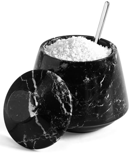 Salero de mármol con tapa y cuchara, azucarero hecho a mano en cebra negra de 10 cm, contenedores de condimentos, portasal y pimienta, almacenamiento para joyas, recipiente de sal