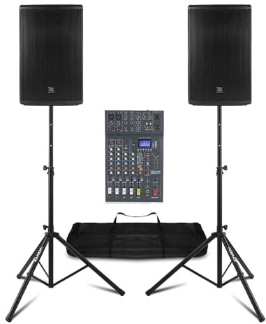 Power Dynamics PD412A Professional PA System with PD220B Dual Wireless Headset Microphone & Wireless Lapel Microphone, 1400W Active Bluetooth Speakers, 6-Channel Mixer, Tripod Stands & Cables