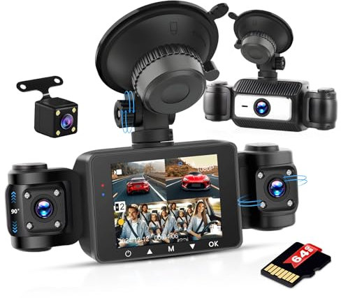 Inefala Full HD 1080P Dash Cam con Quattro Videocamera per Auto 4 Canali 360°, 2,4'' Schermo con 64GB di Memoria e 8 IR Visione Notturna, Registratore di Viaggio con G-Sensor e Monitoraggio Parcheggio