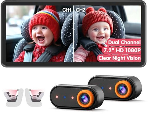 LUCKVIEW Baby Car Camera for 2 Kids, Dual Channel with 7.2 1080P Crystal Clear Display, Easily Install Backseat Mirror with 2 IR Night Vision Cameras, Safety Car Baby Camera for Rear Facing