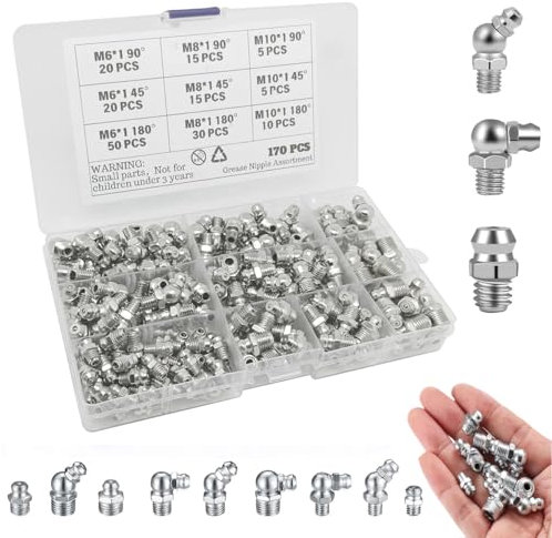 Wonuante 170 Pezzi Set di Ingrassatori, Assortimento di Ingrassatori, Grasso Raccordo Assortimento, Ingrassatori Testine M6 M8 M10 in Dritto e Angolato 45° 90°, per Attrezzature Meccaniche