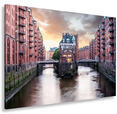 deyoli Leinwandbild Backsteinromantik in Hamburgs Speicherstadt bei Sonnenuntergang. Format: 120x80cm XXL Kunstdruck Bild auf Keilrahmen/Wandbild/Wohnzimmer Dekoration