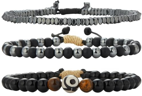 Dazylleco Bracciale Uomo Set Braccialetti in Pelle e Corda Intrecciata e Perline Bracciale Multistrato Regolabile Gioielli Regalo per Festa del Papà(82-Black Eye)