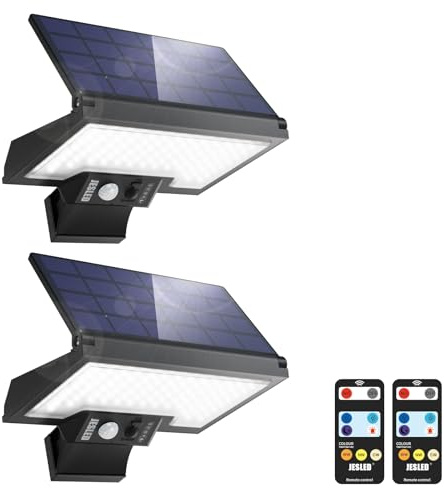 JESLED Lámpara Solar Exterior con Sensor de Movimiento 108 LEDs, 2600mAhTipo-C, 4 Modos 3 Colores IP65 Impermeable Ángulo Ajustable para Jardín Pared Garaje. Pack de 2