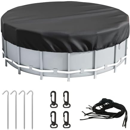 Pool Abdeckung Rund 305, Abdeckplane Pool für Ø260-305cm/366cm, Wetterfeste/UV-Resistente/Staubdicht, Poolabdeckung Rund aus 210D Oxford-Gewebe, inkl. Windseile Erdspieße (Ø366cm)