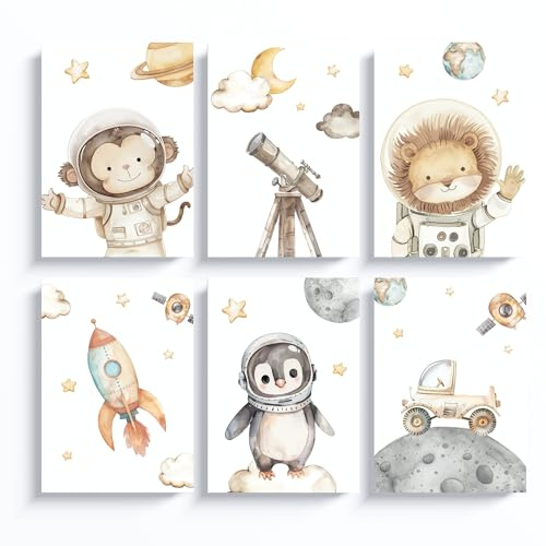 ayurvana Poster für Kinder, Safari, Weltraum, A4, 6 Stück, ohne Rahmen, Tiere, Astronauten, Rakete und Universum, Bilder für Kinderzimmer, Dekoration für Kinderzimmer