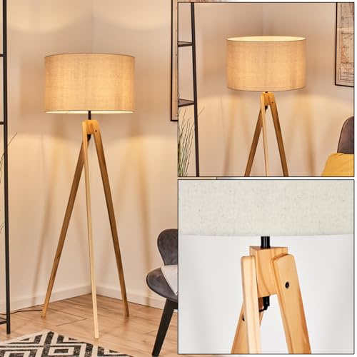 HOFSTEIN Stehleuchte Flemming, Stehlampe aus Metall/Holz im modernen Boho-Design, Schirm aus Stoff, Ø 50 cm, 152 cm, E27, mit Fußschalter - Wohnzimmer, Schlafzimmer, Esszimmer, Flur