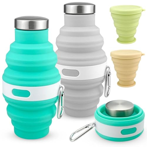 6 botellas de agua plegables, 2 botellas de agua plegables con 2 vasos y 2 mosquetones, botella plegable portátil de 500 ml, libre de BPA para viajes familiares, viajes, camping, senderismo, correr