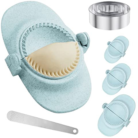 Dumpling Maker set 3 stycken Ravioli Maker med hudskärare rostfritt stål påfyllningsskedar livsmedelssäkerhet munpåsar formare för italienska degpåsar Wantans Potstickers degpåsar (blå)