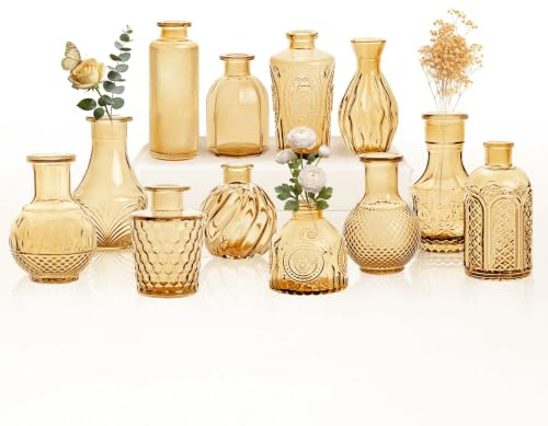Dekorative Glasvasen Set, Golden, 12 Stück, Vintage-Stil mit Strukturmuster, für Blumen und Heimdekoration (Golden, 12 Stück)
