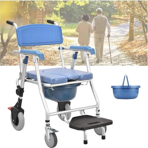 MINHUIJIHUI Silla WC Personas Mayores, Silla Ducha con Ruedas Personas Mayores, Silla de Ducha con Respaldo y Cubo de Inodoro, para Personas Discapacitadas, Carga Máxima 150 Kg