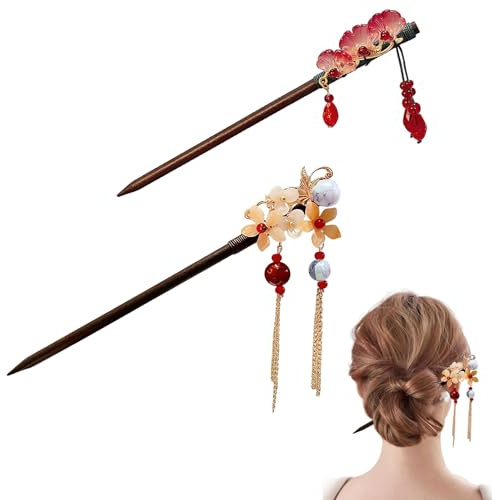 CutitiUU 2 Pieces Chinese Hair Sticks,Red Wooden Chinese New Year Hairpins,Wood Hair Sticks With Tassel,Asian Retro Flower Tassel Updo Hairpin Chopsticks,Wooden Floral Hairpin (B)