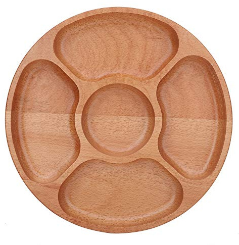 plplaaoo Assiette ronde en bois divisée pour aliments, sous-grille, plateau de vaisselle, style simple, tendance, populaire, plusieurs compartiments pour collations, desserts, décoration (30 cm)