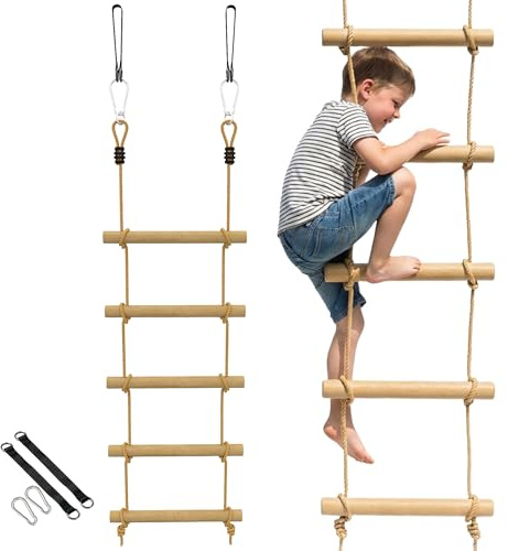 AIYAPLAY Strickleiter für Kinder Ninja Line Kinder 1,8m Slackline Set mit 2 Karabinern und 2 Baumgurten 5-stufige Kletterleiter Outdoor Spielset Ausrüstung für 3-8 Jahre Naturholz