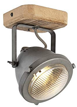 Qazqa - Industrial Spotlight Ceiling Steel I Nickel Matt I Satin with Wood tiltable - Emado- - Industrial - Suitable for LED GU10 | 1 Way Light - Steel Surface-Mounted spotway Light - Suitable for K