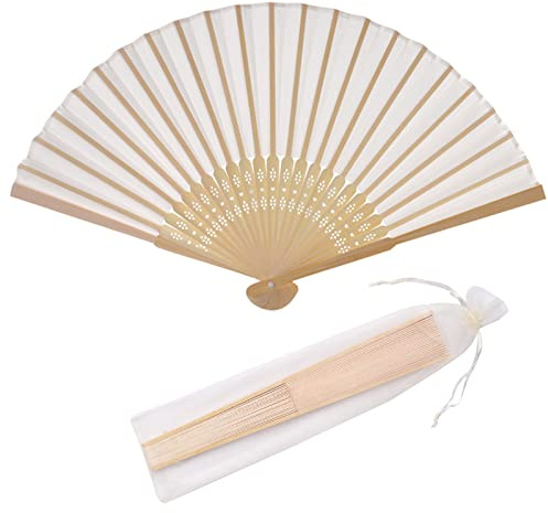 SL crafts 24pcs Imitated Silk Hand Fan Imitated Silk Fabric Bamboo Handheld Folded Fan Bridal Dancing Props Church Wedding Party Favors with Organza Bags (Cream)