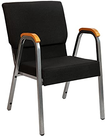 Flash Furniture HERCULES Series Church Chair - Black Fabric - Stackable - 21W - Wood Accented Arms - Silver Vein Frame
