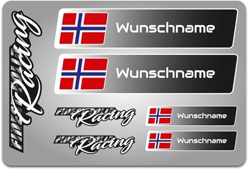 4er Set Aufkleber mit Fahne Flagge und wahlweise Name Sticker für Auto Fahrrad Motorrad Roller Helm im Rallye Racing Design R156 (20 Norwegen, Mit Wunschname)