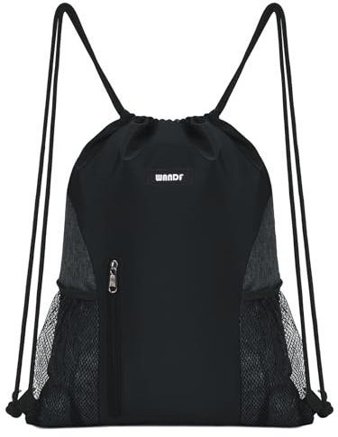 WANDF Drawstring Backpack Sports Gym Sackpack with Mesh Pockets Water Resistant String Bag for Women Men Children (Black)