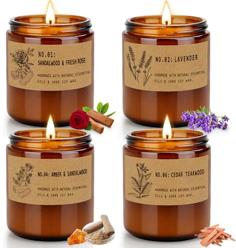 Velas Perfumadas de Regalo, 4 Piezas 200g Velas Grandes Aromática Decorativas, Cera de Soja Natural, 200 Horas de Quema, Velas Perfumadas Set Regalo para Mujeres, Valentín, Festivales, Bodas, Navidad