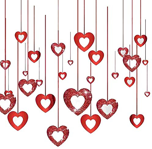 40 PCS Hanging Heart Swirls Probuk Valentine's Day Red Foil Love Heart Glitter Cutouts Hanging Ornaments Ceiling Hanging Garland Swirls Kit for Wedding, Anniversary, Birthday Party Decorations