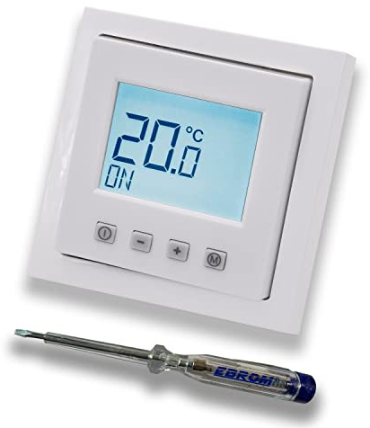 Halmburger Digitales Raumthermostat Raumtemperaturregler ERD-62sg DIGITAL in Busch Jäger Future Linear Studioweiß glänzend Rahmen + EBROM Phasenprüfer z. Montage des Geräts ERD-62 (sg) Fußbodenheizung