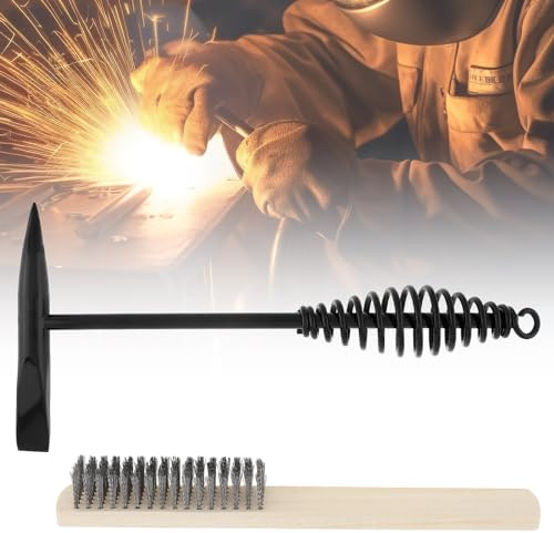 Martillo de cincel Omninmo con mango de resorte helicoidal para soldadura, cono y cincel vertical con cepillo metálico (1 martillo de soldadura con 1 cepillo de metal de 19,8 cm)