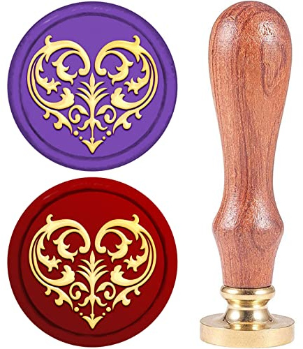 craspire Herz-Wachssiegelstempel, Kupfer, 25 mm, Vintage, Abnehmbarer Siegelstempel, Barockes Muster Messingmuster, Stempelkopf Mit Umschlag, Holzgriff, Brief, Einladungskarte, Hochzeitsgeschenk