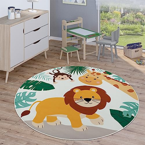 Paco Home Kinderteppich Teppich Rund Kinderzimmer Spielteppich Straßenteppich Modern rutschfest Junge Mädchen, Grösse:160 cm Rund, Farbe:Beige 2