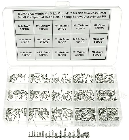 MCMASKE Metric M1 M1.2 M1.4 M1.7 M2 304 Stainless Steel Phillips Flat/countersunk Head Self Tapping Screws Assortment Kit