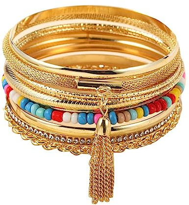 Cubahop Juego de pulseras de metal con cuentas de semillas gitanas en capas, de cristal suave, grueso, apilable, joyería de mano ajustable para mujeres y niñas