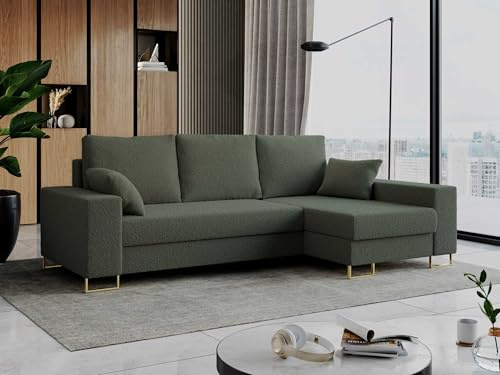 MKS MEBLE Ecksofa Dorian L-Form, Wohnlandschaft mit Schlaffunktion & Bettkasten, Schlafsofa mit Kissen, Couch mit Schlaffunktion - Bezug Bouclé, Farbe Grün