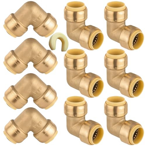 10-Pack HeSun Pushfit 90 Degree Elbow, 1/2x1/2 Push to Connect Plumbing Fittings with Disconnect Clip, Brass Push-fit Fittings for PEX, Copper, CPVC, PE-RT Pipes(PF045)