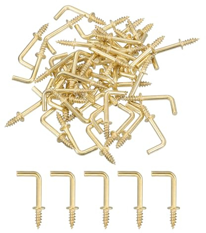 sourcing map Right Angle Hooks, 100Pcs 1/2 L Shaped Screw Hooks Screw in Hooks, 7 Shape Right Angle Metal Screw Hooks for Hanging, Gold