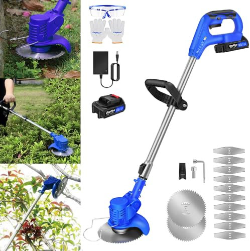 Akku-Trimmer 21V Akku Rasentrimmer mit 2x Batterien, 2x Kreissägeblat und 10x Metall Messer, Rasenkantenschneider Akku mit Verstellbarer Griff und Drehbarer Trimmerkopf für Rasen Garten Beschneiden