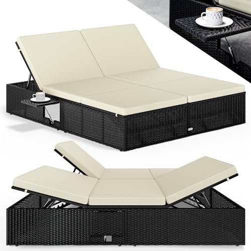 Casaria® Sonnenliege 2 Personen mit Klapptisch 7cm Auflagen Wetterfest Gartenliege 400kg Belastbar Liegestuhl Verstellbar Schwarz Creme 200x160cm