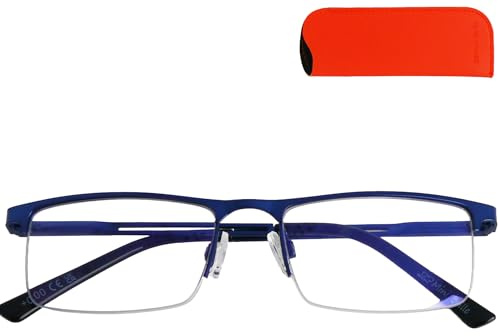 Metall Halbrand unten Gaming Brille ohne Sehstärke mit rechteckigen Gläsern mit Etui, Edelstahl Brillengestell (Blau), Brille, Blaulichtfilter Brille Gamer Herren und Damen