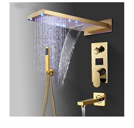 Grifo de ducha LED de lluvia, montaje en pared de baño, ducha en T de latón, grifo mezclador dorado, ducha de mano de plástico(Model B)